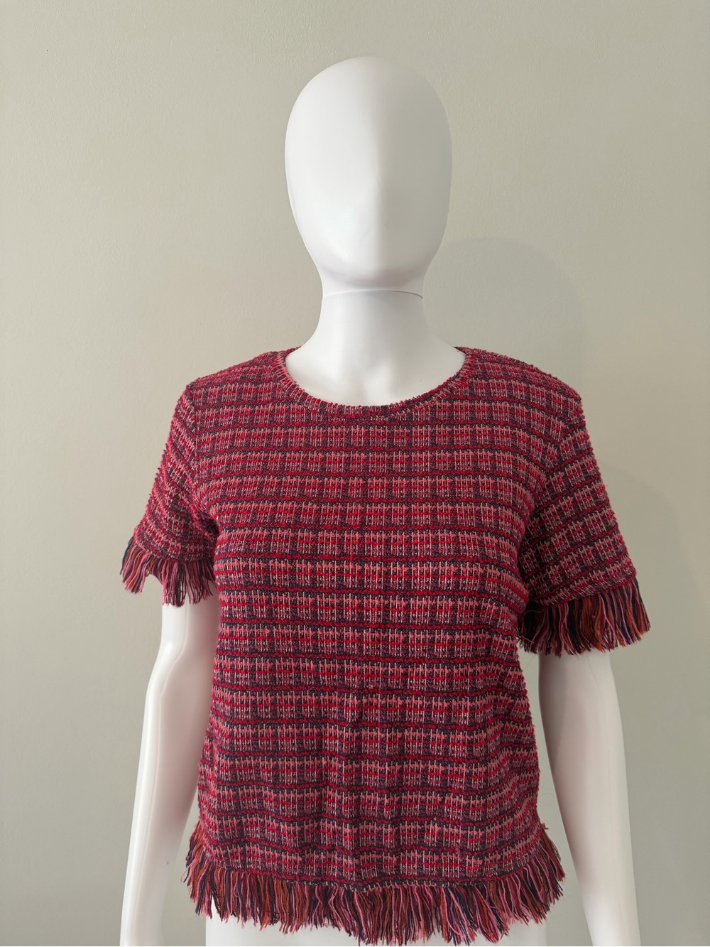 Zara Pink and Red Tweed Fringe Sleeve Top